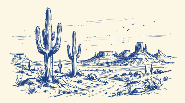 Hand drawn desert landscape with tall saguaro cactus rocky mesas and distant mountains in vintage engraving style