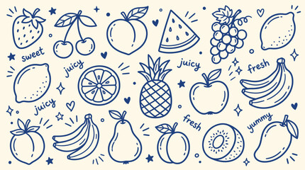 Fresh fruit doodle collection with apple banana lemon pineapple watermelon berries and cheerful hand written juicy words © Ayesha