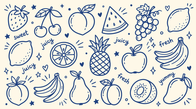 Fresh fruit doodle collection with apple banana lemon pineapple watermelon berries and cheerful hand written juicy words