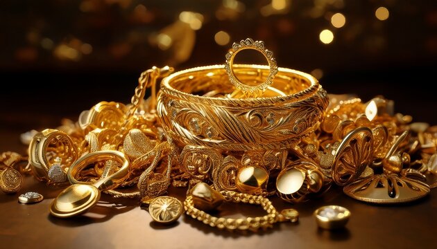 a pile of shimmering gold jewelry pieces gold jewelry pile luxury wealth accessories yellow shiny precious