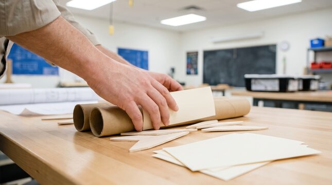 Crafter working with cardboard tubes and balsa wood fins for a model rocket build
