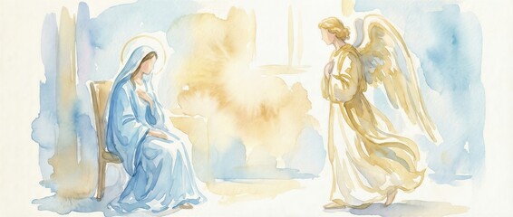 Naklejka premium Annunciation with Mary and angel Gabriel. Christian religious watercolor painting depicting the biblical moment of divine message. Banner with copy space