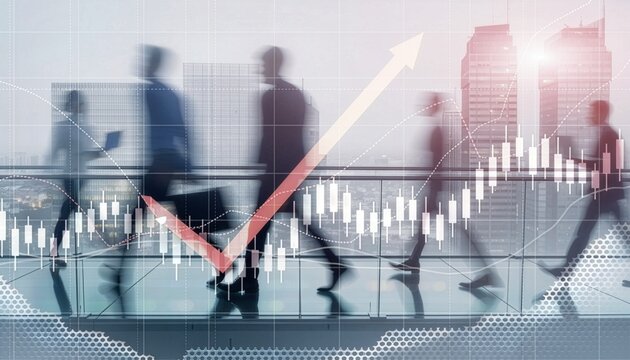 Silhouetted business team walking on a bridge with a checkmark arrow rising above stock market candlestick charts.