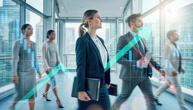 Confident businesswoman leading colleagues through an office corridor with rising and falling financial arrow graphics.