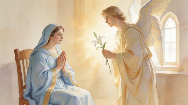 Angel Gabriel appearing to young woman Mary with white lily. Biblical scene of Annunciation. Artistic watercolor illustration representing Christian religious faith and divine message.
