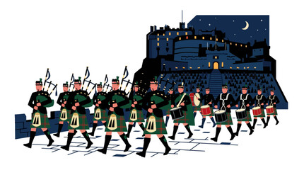 Obraz premium Scottish Highland Bagpipe Band Parade Edinburgh Castle Night