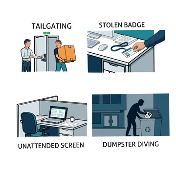 Physical Security Risks and Cybersecurity Threats Concept Set - Corporate Flat Vector Illustration