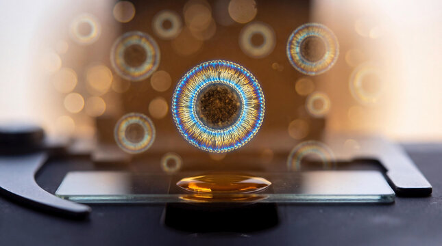 Microscopic liposomes or nanovesicles floating above a laboratory glass slide, biotechnology and medical research concept