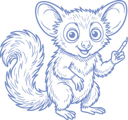 Cute cartoon lemur character holding a pencil, with a fluffy tail and large ears, drawn in a simple blue outline style on a white background © Creativeadd