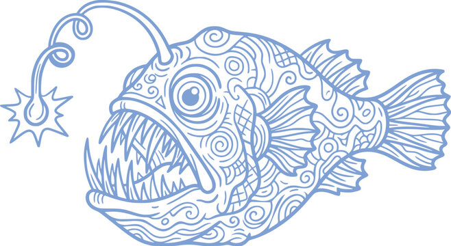 Blue anglerfish with ornate pattern and lure, isolated on white background, deep sea fish, marine life