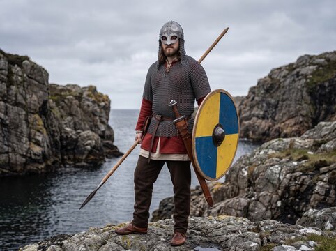 Viking warrior standing proudly on a rocky shore, holding a spear and shield. He wears a helmet and chainmail, exuding a sense of history and strength