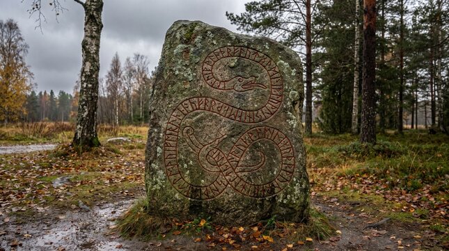 An ancient runestone stands tall in a forest clearing, its surface covered in intricate carvings and moss. The runestone is a symbol of history and mystery.