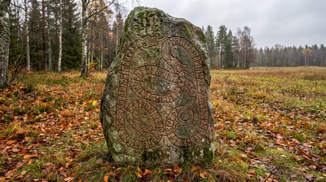 An ancient runestone stands in a forest clearing, its intricate carvings hinting at a forgotten past. Fallen autumn leaves carpet the ground around the weathered stone