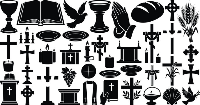 Set of black Christian religious silhouette icons featuring cross bible dove praying hands and communion elements for church design
