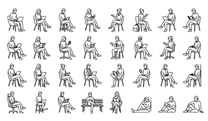 Obraz premium People Silhouette Line Icon Set with Sitting Human Figures and Architectural Outline Vector Collection