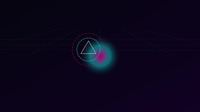 Abstract neon triangle hud interface with pulsing circular glow and digital grid animation 4k background