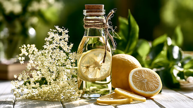 Homemade elderberry syrup in a glass bottle, elderflowers and lemon slices on a white wooden table in the garden - a refreshing drink in summer.
