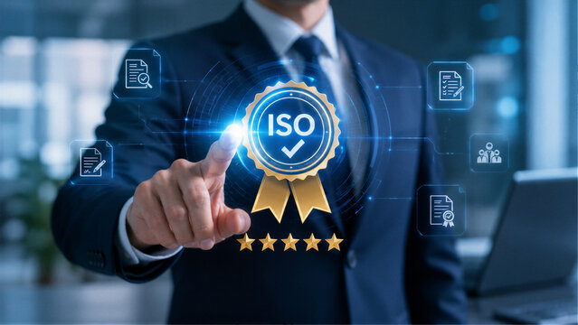 Businessman touching ISO quality certification badge on virtual screen with five star rating, standard assurance and compliance concept