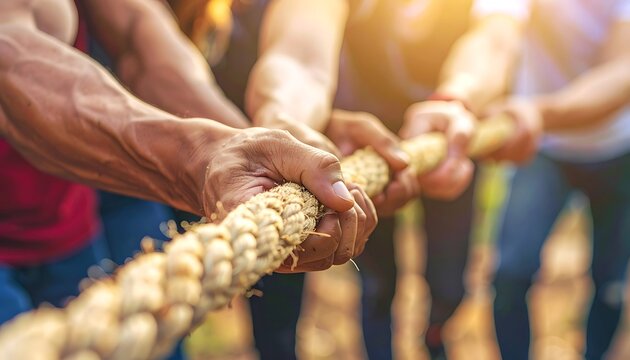Team pulling rope in tug of war, close-up on hands gripping coarse rope, symbolizing unity, competition, and teamwork under sunlight