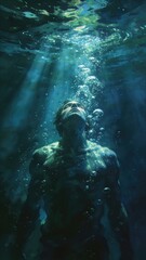 Fototapeta premium Man emerging from deep water toward light. Baptism concept representing spiritual rebirth and awakening. Biblical scene of washing away sin in light rays. Artistic watercolor illustration.