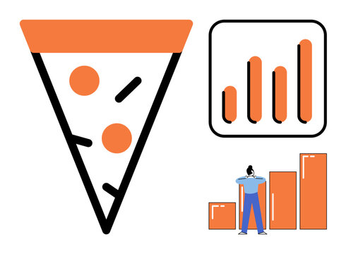 Pizza slice and bar chart growth analysis vector illustration. Business growth, food industry, market trends, data analytics, sales performance, restaurant strategy. Slice of pepperoni pizza