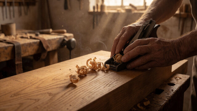 Nahaufnahme erfahrener Schreinerh&auml;nde beim Hobeln eines Eichenbretts mit frischen Holzsp&auml;nen. Das Motiv zeigt traditionelles Handwerk und pr&auml;zise Holzbearbeitung.