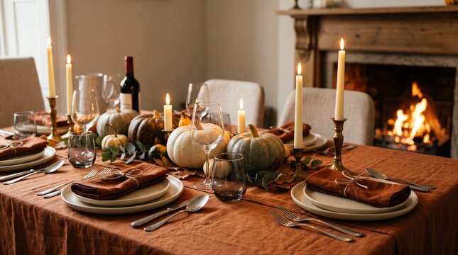 Autumn thanksgiving table setting with pumpkins candles and fireplace