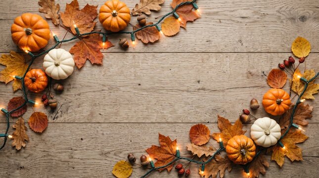 Flat lay frame of autumn leaves pumpkins and string lights on wood