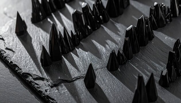 Abstract black ferrofluid spikes on dark textured background