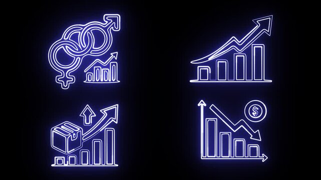 Neon icon set 4K loop animations on black background. DEI diversity graph, net revenue arrow, product led logistics growth asset and cost optimization finance loss charts.