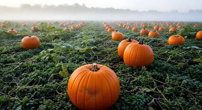 Pumpkin patch with ripe orange pumpkins in fall. Harvest scene with vibrant gourds and lush greenery.