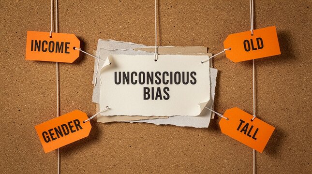 Concept of unconscious bias written on papers with strings connected to tags like income, gender, old, and tall, highlighting social stereotypes on a corkboard background