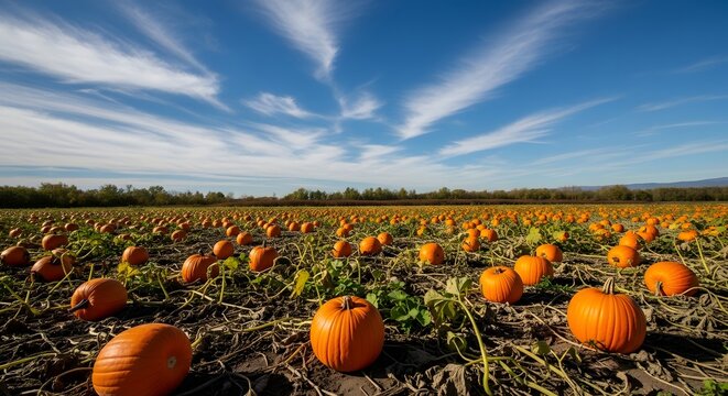 Pumpkin patch with ripe orange pumpkins under a blue sky. Autumn harvest scene with vibrant colors and clear weather.