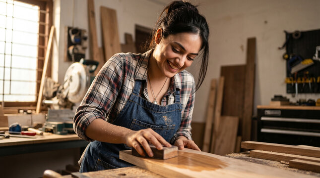 Realistic photo of a happy female woodworker sanding a plank of wood with a sanding block inside a warm rustic carpentry workshop