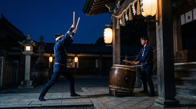 Taiko drummers prepare an opening rhythm at a night matsuri