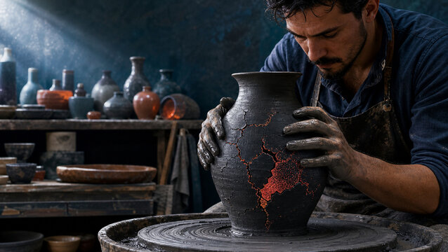 Potter Shapes a Luminous Core from Cracked Clay