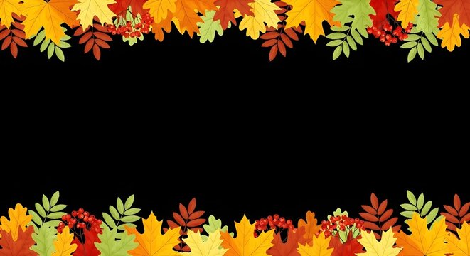 Autumn leaves border on black background. Fall foliage frame with colorful seasonal leaves.