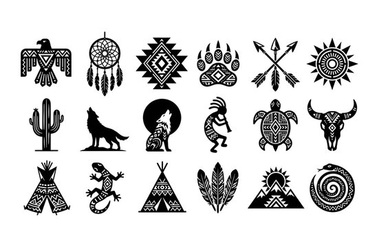 Native American tribal symbols set, 18 black ethnic vector icons, indigenous culture silhouette elements for branding and tattoo design
