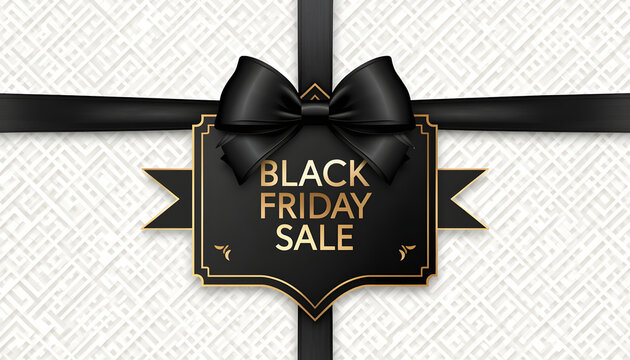 Black Friday sale banner with decorative bow. Elegant gift tag for retail marketing events.