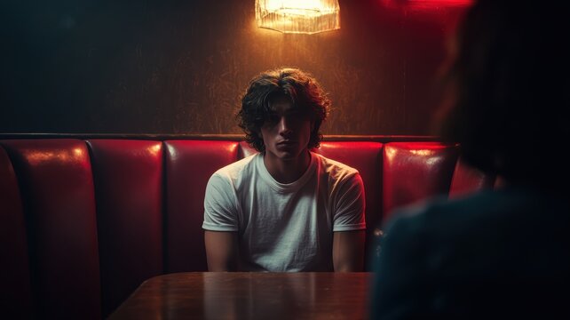 man sitting at a bar table in low light