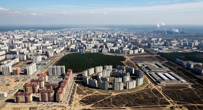 Aerial view of modern suburban neighborhood with new housing developments. Drone shot of residential construction and urban expansion in progress.