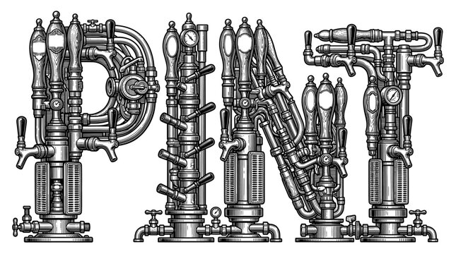 Industrial Vintage PINT Typography Made of Brewery Beer Taps and Pipes, Detailed Engraving Style Vector Illustration