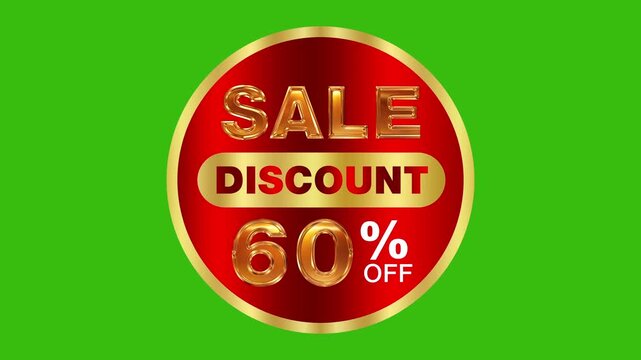 Premium 60% off special offer metallic golden badge with glossy red texture background green screen key rendering 4k video