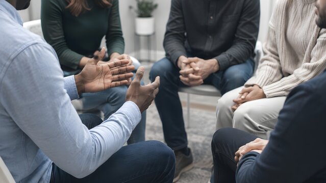 Diverse Group of Individuals Sitting in a Circle Engaging in Open Communication During a Supportive Mental Health Therapy Session Meeting