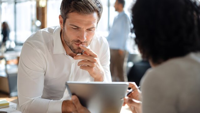 Focused Professional Man Consulting With Colleague While Reviewing Data On Digital Tablet During Productive Office Meeting Session