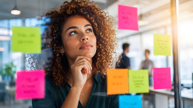 Professional woman with curly hair thoughtful expression looking at glass wall with colorful sticky notes during creative office brainstorming session