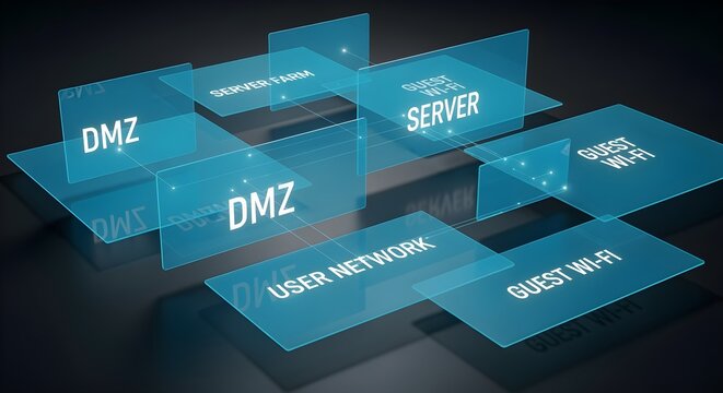 Digital Infrastructure Network Topology Concept Displaying Secure Server Segments and Virtual Connectivity Layers for Cyber Security