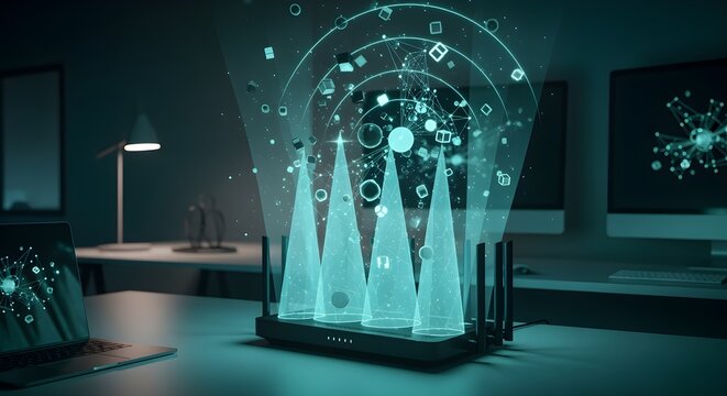 High speed wireless internet router broadcasting a digital network signal with glowing holographic data beams in a modern office setup