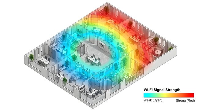 Comprehensive Analysis of Wireless Network Coverage Efficiency Within a Modern Open Plan Office Floor Map Using Heat Map Data Visualization