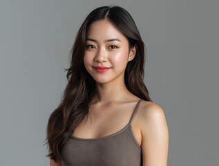 Fototapeta premium Beautiful Smiling Brunette Woman with Ponytail Looking at Camera in Studio Beauty Fashion Portrait with Happy Expression